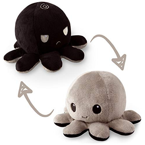 Pulpo De Peluche Reversible Feliz Enojado Color Negro Gris