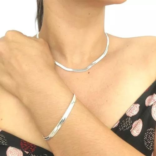 Kit Colar Choker Feminino E Pulseira Laminada Folheado