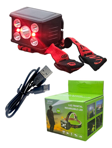 Linterna Frontal Solar Recargable Litio.luz Blanca Roja Amar