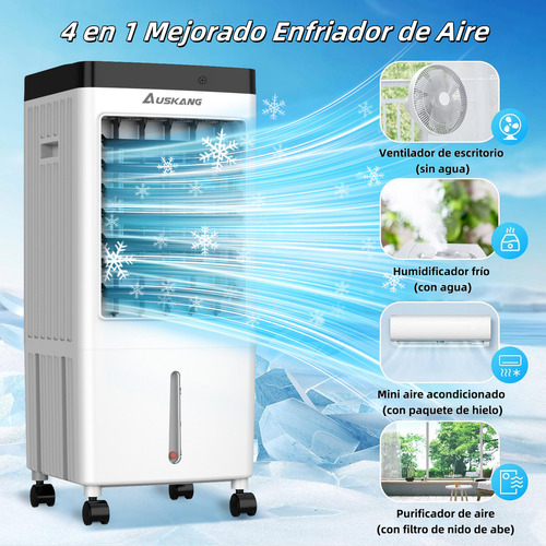 Auskang Aire Acondicionado Portátil 10L - 4 en 1 Enfriador de Aire,Ventilador de Frío Portátil Silencioso con 3 Cajas de Hielo,Control Remoto y Temporizador para Dormitorio Habitación Oficina