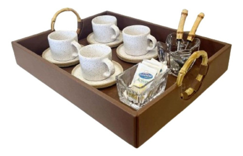 Bandeja Em Mdf Revestimento Em Courino Com Bambu/ 40x30x7cm