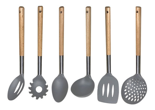 Imagen 2 de 5 de Set 6 Utensilios Nylon Con Mango De Madera Hudson Gris