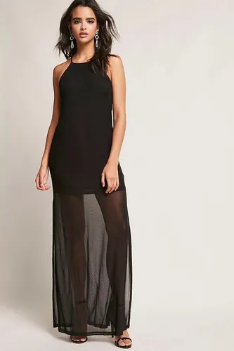 Forever 21 Maxi Vestido Negro Semi Transparente Halter Doble