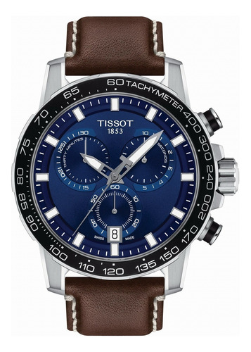 Reloj pulsera Tissot Supersport Chrono con correa de cuero color marrón - fondo azul - bisel negro