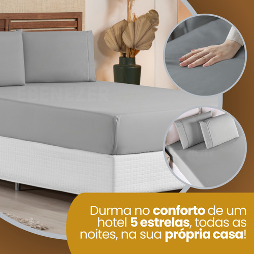 Lençol Queen Padrão C/ Elástico 3 Peças 400 Fios Percal Fronha Ponto Palito Toque Macio Premium Cor Cinza
