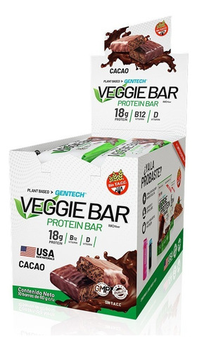 Protein Bar Veggie Caja X 10 Barras Proteicas Gentech Vegano Sabor Cacao