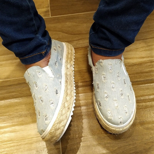 Imagem 2 de 6 de Slip On Tenis Feminino Sola Corda Jeans Azul Rasgado Glitter