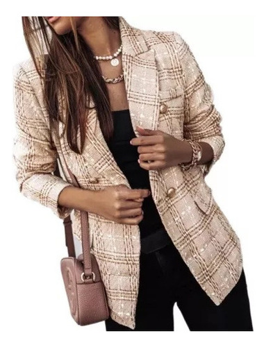 Chaqueta De Tweed Tipo Blazer A Cuadros De Manga Larga Para Mujer