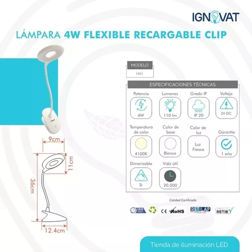 Lámpara de Mesa LED 4W Recargable Flexible Luz Blanca - ILUMAX