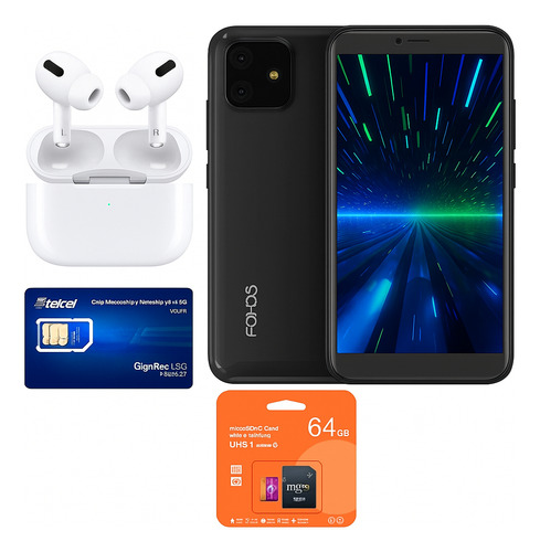 Celular Smartphone Foxxd A56 Android 13 4gb Ram (2+2gb) + Audífonos + Chip Telcel + Microsd 64gb Barato Negro