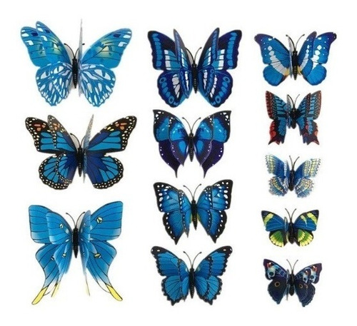 Borboletas Decorativas Artificial 3d Asa Dupla Kit 12 Peças Cor Azul Borboleta 3D