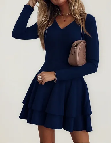Vestido Liso Corto Con Dobladillo, Volantes Y Cuello En V