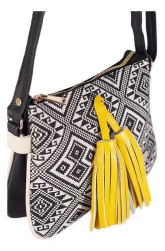 Bolsa Crossbody De Piel Genuina Con Textil Etnico Angelozano Color Negro Diseño de la tela Jaqueline Etnico