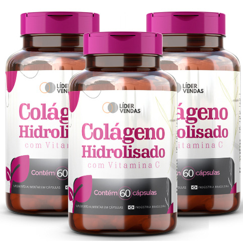 Colágeno Hidrolisado C/ Vitamina C - 60 Cáps Kit Com 3 Potes