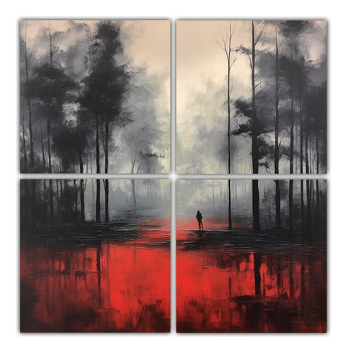 60x60cm Conjunto 4 Lienzos Tela Detalles Bosque Pasión Lago