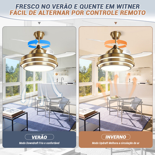 Ventilador Teto Retrátil C/ Controle Led Multicolor 106cm