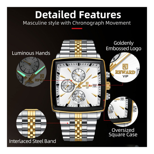 Cronógrafo quadrado Reward, cor de fundo do relógio de quartzo inoxidável, prata, branco