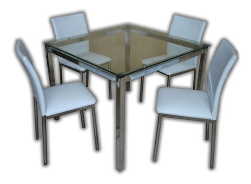 Imagen 1 de 10 de Juego Comedor Combo Mesa Vidrio Cromado Cuadrada Rhodas 1 X 1 + 4 Sillas Reforzadas Caño Directo Garantia De Fabrica P