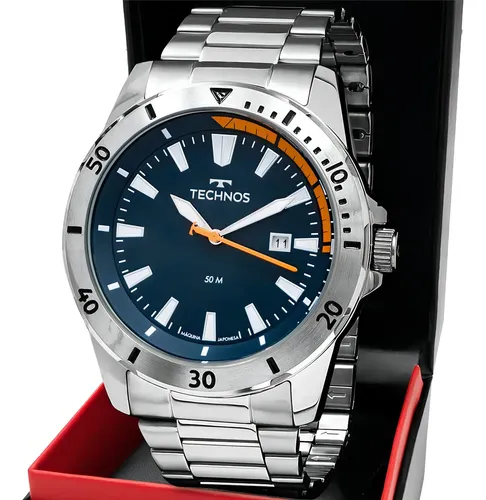 Relógio Technos Militar Masculino Aço Inox Prata Fundo Azul 50m Á...