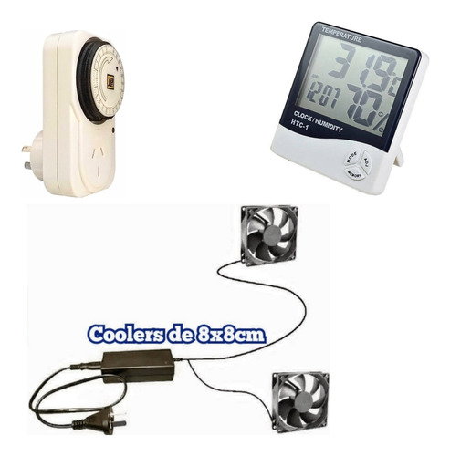 Imagen 2 de 6 de Kit Ventilación Cooler 8cm Timer Tem Hu Para Armario Cultivo