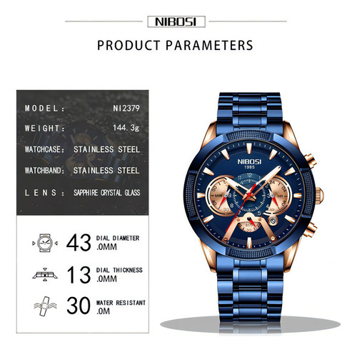 Relógio de quartzo luminoso Nibosi com cronógrafo de luxo em cor de fundo prateado/azul
