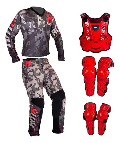 Kit Conjunto Motocross Amx Roupa Camuflado Vermelho Trilha Tamanho Camisa G - Calça 52