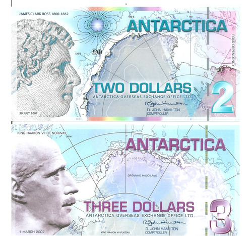 2 Billetes Territorio Antártica 2 Y 3 Dollars 2007 ¡unicos!