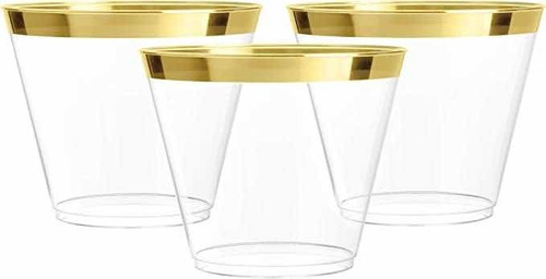 100 Vasos De Plástico Transparente Con Ribete Dorado