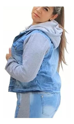 Imagem 2 de 2 de Jaqueta Jeans Com Moletom Plus Size Blusa Feminina Com Capuz