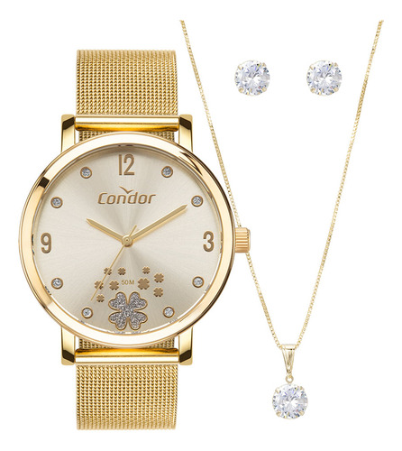 Kit Relógio Condor Feminino Mimos E Sutilezas Dourado - Co20 Fundo Champagne
