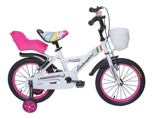 Bicicleta paseo infantil Dencar Lamborghini 7115 R16 frenos v-brakes color blanco con ruedas de entrenamiento  