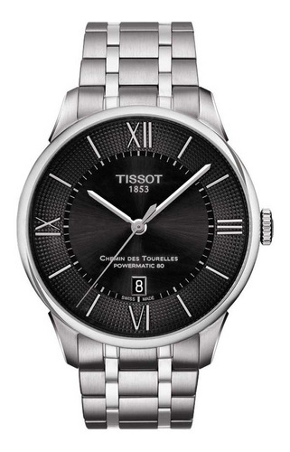 Tissot T0994071105800 Chemin Des Tourelles Powermatic 80 Cor Da Correia Prateado Cor Do Bisel Prateado Cor Do Fundo Preto