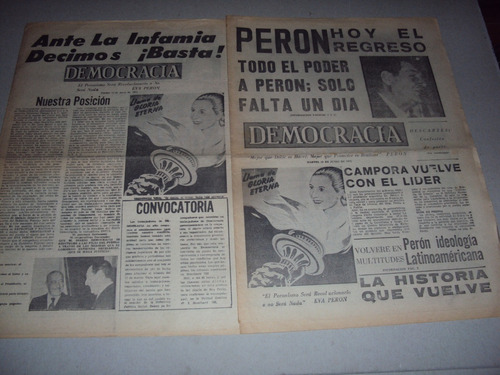 #x Lote 2 Diarios Democracia 15 Y 19 Jun 73 Regresa Peron