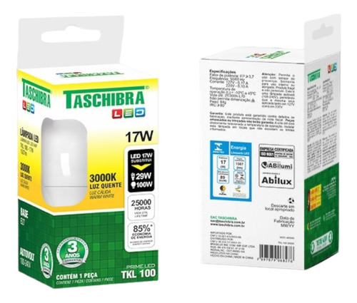 Lâmpada Led Bulbo Tkl100 E27 17w 3000k Taschibra - 30pc