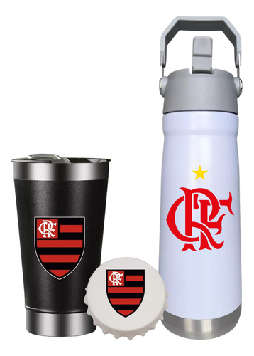 Kit Presente Flamengo Copo Térmico + Garrafa + Abridor Branco/preto