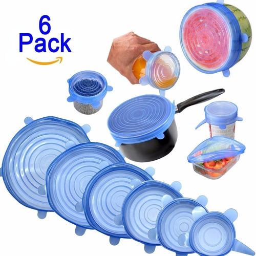 Pack 6 Tapas Silicona Ajustable Alimentos Sellado Frescos