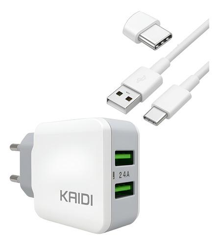 Carregador Kaidi Rápido Celular Smartphone 2 Usb Cabo Tipo C Branco