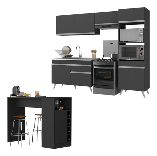 Armário Cozinha Compacta Com Mesa Veneza Multimóveis Mp2210 Cor Preto/branco