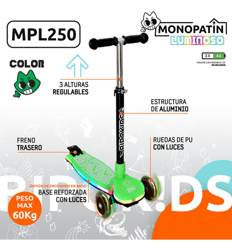 Monopatin Plegable Con Luces Regulable Color Verde Luminoso