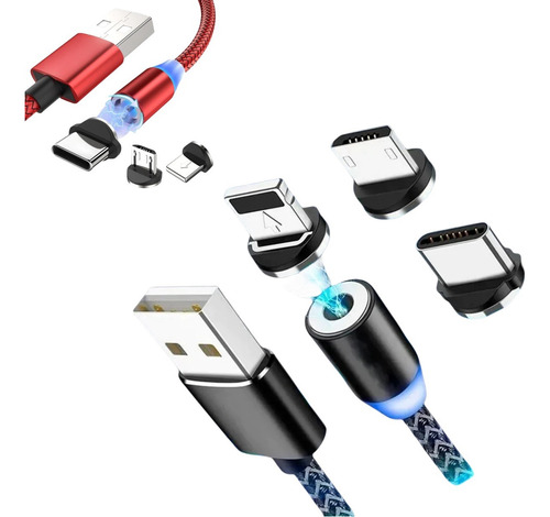 Cabo Carregador Magnético Usb 3 Em 1 Tipo C/ Led Universal