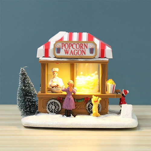 M Mini Cenário De Natal Resina Neve Led Carroça Vila Cidade