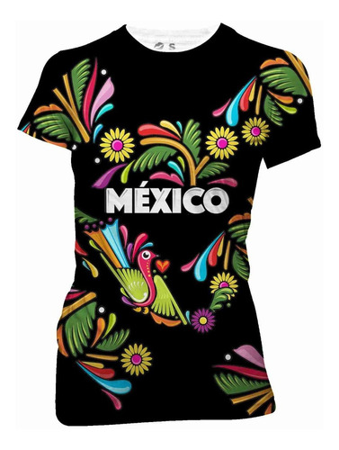 Playera Sublimada Full Print Dama Mapa Flores México Negro 