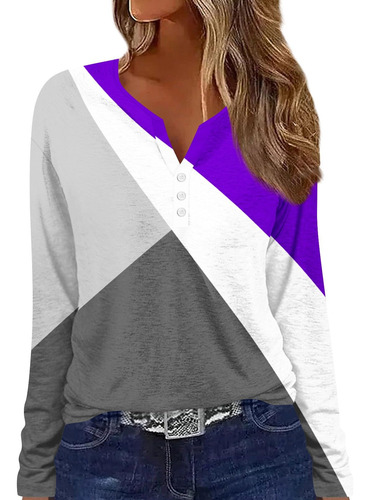 Camisa Para Mujer Blusa Manga Larga Bloque Color Medio Boton