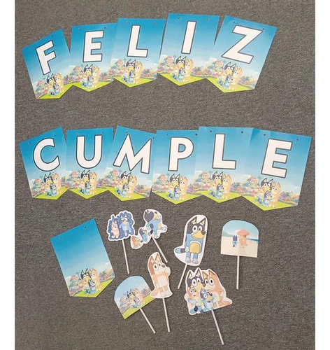 Banderin Feliz Cumple Guirnalda + Topper Cake Bluey Bluey