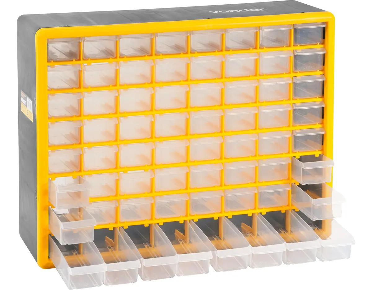 Caixa Organizadora Plástica Vonder 64 Gavetas Preto/amarelo Com Bandejas Transparentes