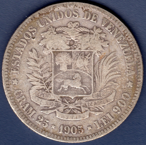 Moneda De Plata De 5 Bolívares De 1905 Fuerte