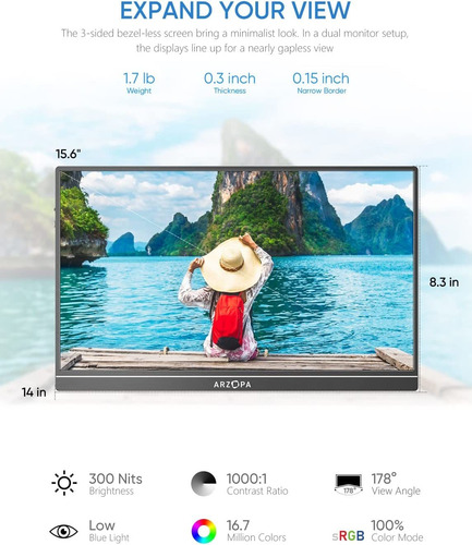 Monitor Portátil Arzopa 1080p Fhd, 15.6'', 60 Hz, Ips