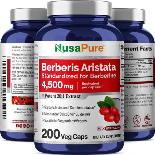 Suplemento Nusapure Berberine Hci 4500mg 200 Cápsulas Vegeta