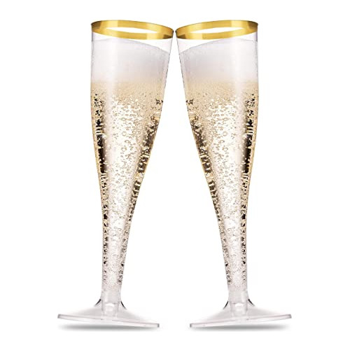 50 Pack Gold Rimmed Plastic Champagne Flutes 5 Oz Clear...