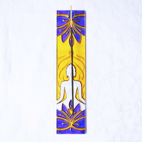 Incensário Buda Amarelo E Violeta Retangular, Pintura Vitral